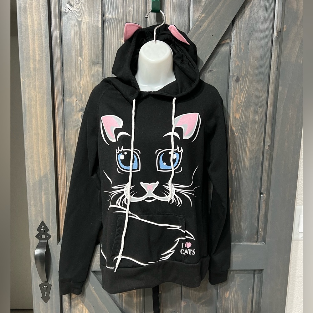 I Heart Cats Black Hoodie Sweater Ears Medium